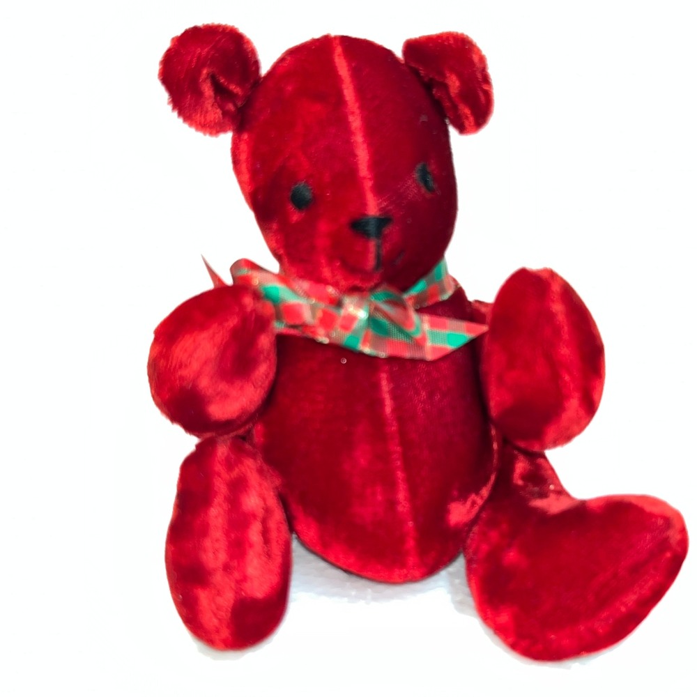 Red Velvet Posable 5" Teddy Bear‎ Christmas Holiday Plaid Scarf Button Detail